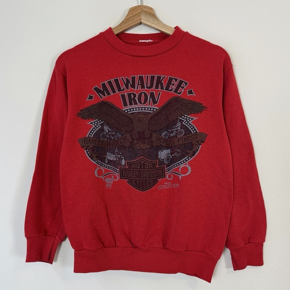 Vintage 80's Harley Davidson Eagle Motorcycle Milwaukee Iron Red Sweatshirt - S